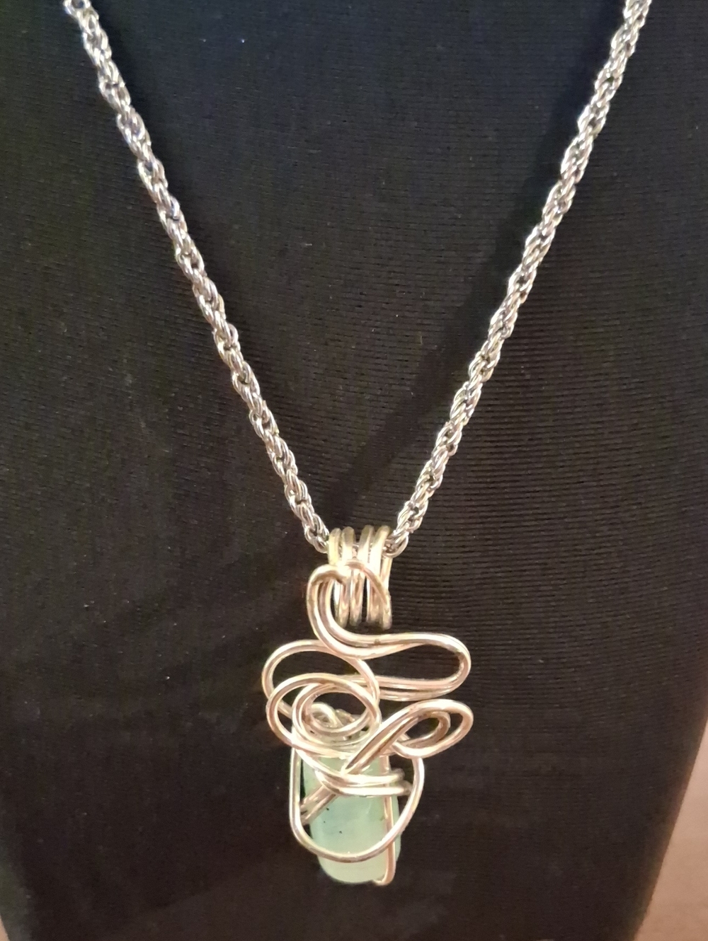 Silver Tone  Wire-Wrapped Sea Glass Pendant Necklace in Green 16"